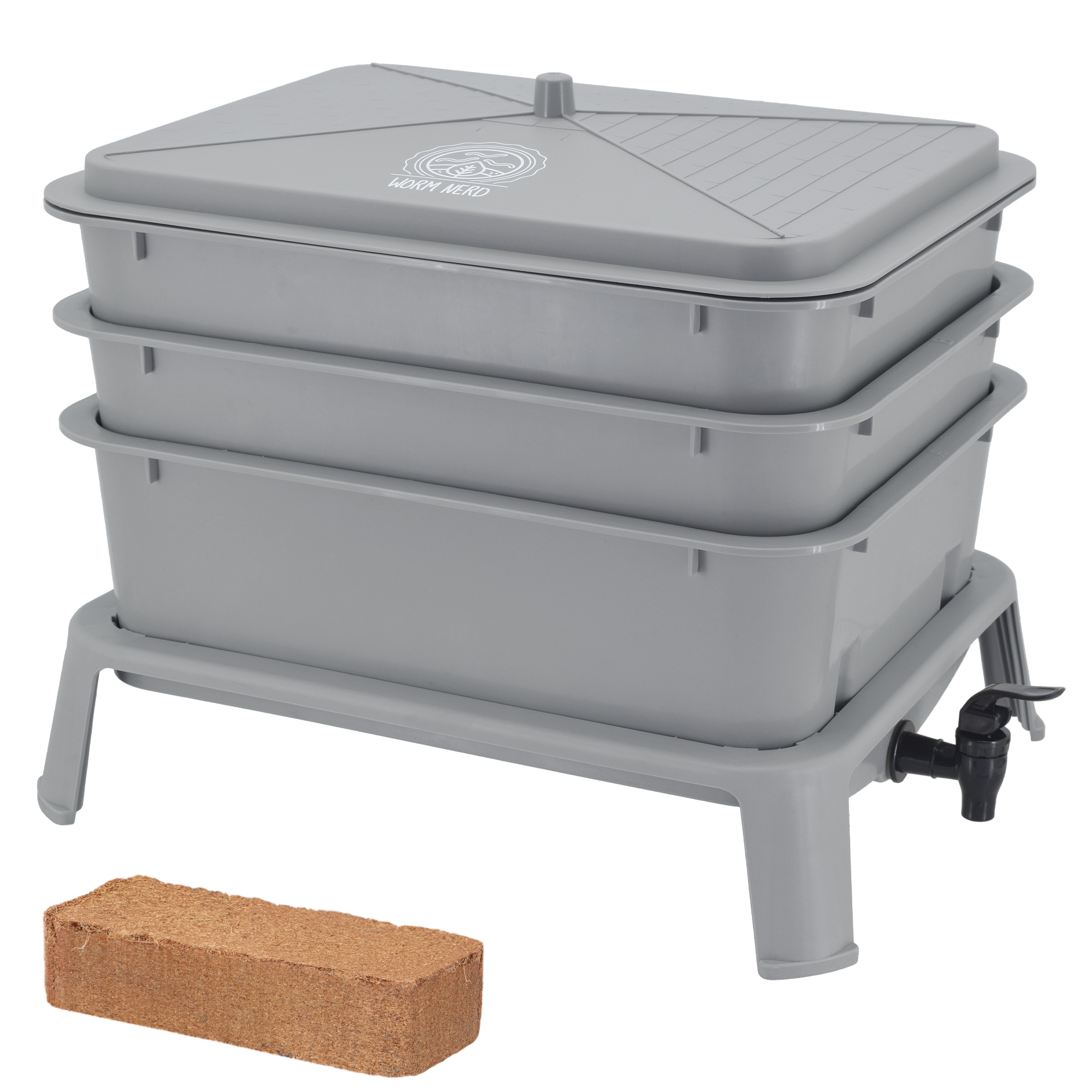Gray Worm Composting Bin with Coco Brick
